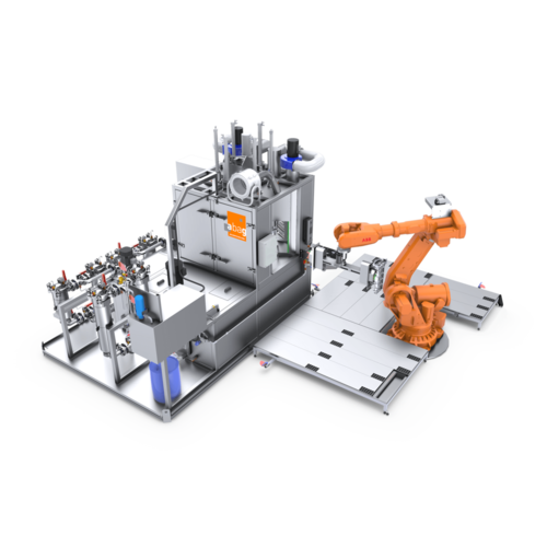 Maßgeschneiderte Sonderanlage für die Spritzreinigung mit Roboterautomatisierung von ABAG.